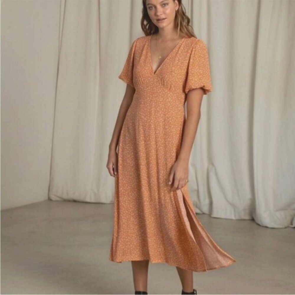 Kivari Women's Fleur Ditsy Midi Dress Orange Rust Floral Print Tie Waist Size XS